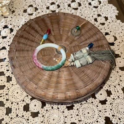 "Cesta de costura redonda de bambú china vintage cuentas de vidrio de 10""" Foto 1 de 4