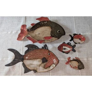 Pier 1 Imports Ceramic Sushi and Sauce Fish Shaped Dishes Brown Rust Set of 5 - Picture 1 of 7
