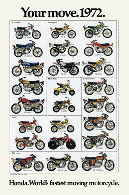 1972 HONDA LINE UP FULL LINE VINTAGE MOTORCYCLE POSTER PRINT 24x16 9MIL PAPER