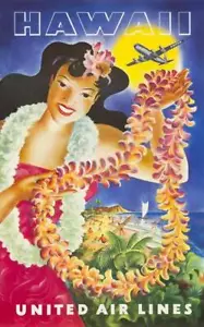 Affiche de voyage ancienne Hawaii, United Airlines, - Photo 1 sur 16
