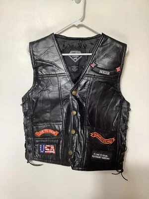 Chaleco de motociclista de cuero de búfalo genuino con placa de diamante para hombre talla S Foto 1 de 4