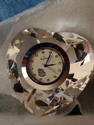 BULOVA HEART SHAPED CRYSTAL TIMEPIECE 4" IN DIAMETER W/BOX & PAPERS, GORGEOUS!  - Image 1 of 4