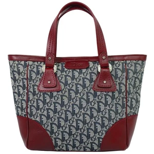 Christian Dior Trotter Canvas Leather Tote Handbag Navy Bordeaux Silver - Picture 1 of 21