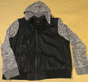 TORRID SCHWARZE KUNSTLEDER & GRAU MELIERT FROTTEE BOMBERJACKE GRÖSSE 2, 2x, 48" Brustumfang - Bild 1 von 15