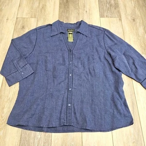 Eddie Bauer 100% Linen Button Up V Neck Collared Blouse Top Blue Women's XXL - Picture 1 of 7