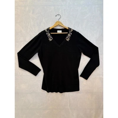 Suéter Negro Colección Jaclyn Smith Joyas Adornado Cuello en V Manga Larga Foto 1 de 4