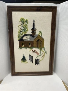 Vintage Nadelspitze Stickerei Landhaus Kapelle Kirche gerahmt Wandbehang - Bild 1 von 6