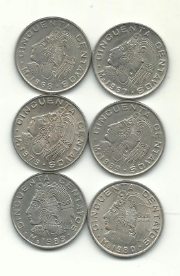 LOTE DE ALTA QUALIDADE 6 MÉXICO 50 CENTAVOS (COBRA)-1967,1968,1969,1979,1980,1983-NOV149 - Imagem 1 de 2