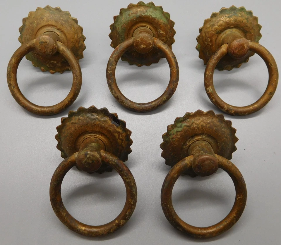 5件套古董实心黄铜环抽屉拉手-1.5英寸背板,2.25英寸落体 — 第 1/4 张图片