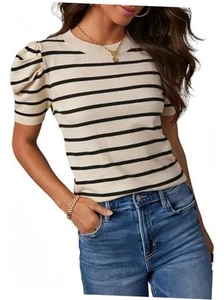  Women's Short Puff Sleeve Knit Tops 2025 Trendy Crewneck Striped T Shirts  - Picture 1 of 6