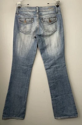 Pantalones de mezclilla Zco tiro bajo corte bootcut talla 7 azul botón solapa estrás bolsillos Y2K Foto 1 de 4