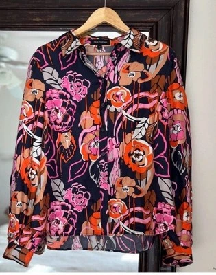 粉色格纹丝绸五颜六色印花衬衫,尺寸 12 $392 — 第 1/4 张图片