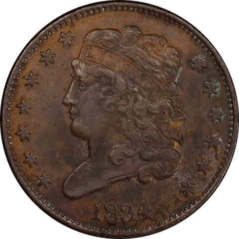 1834 Classic Head Half Cent 1/2c, PCGS AU Detail - Bent Cover
