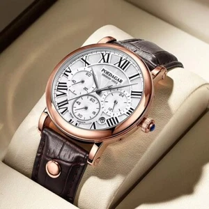 Men Watch Fashion Chronograph Leather Quartz Watches Waterproof Men's Wristwatch - Picture 1 of 10