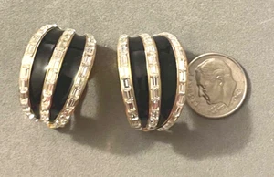 Vintage ST. JOHN Gold Tone Black Enamel Baguette Rhinestone Clip Hoop Earrings - Picture 1 of 6