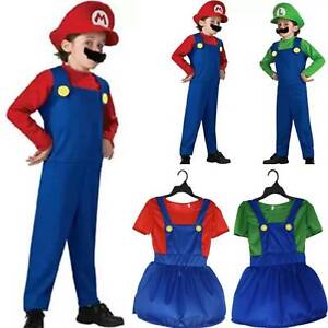 Kids Girls Boys Super Mario Luigi Bros Fancy Dress Party Cosplay Costume Outfit.