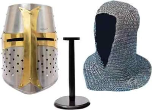 Medieval Crusader Helmet Replica + Aluminium Chainmail Coif V-Neck+ Wooden Stand - Picture 1 of 5
