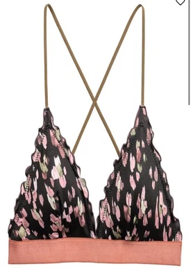 Top de Bikini Triángulo H&M Talla 14 Estampado Floral Negro y Melocotón, Almohadillas Extraíbles Foto 1 de 4