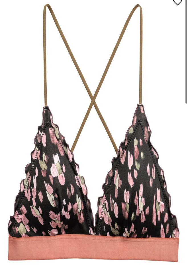 Top de Bikini Triángulo H&M Talla 14 Estampado Floral Negro y Melocotón, Almohadillas Extraíbles Foto 1 de 4