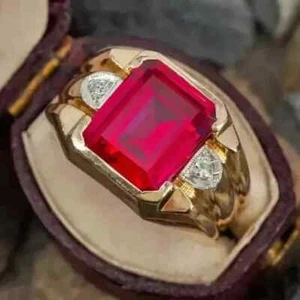 14K Yellow Gold Plated 3Ct Emerald Cut Lab Created Red Ruby Men's Wedding Ring - Picture 1 of 6