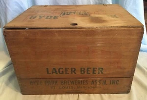 Ancienne boîte en bois Hyde Park Breweries avec couvercle St Louis Beer Lager 16" x 13" x 11" - Photo 1/12