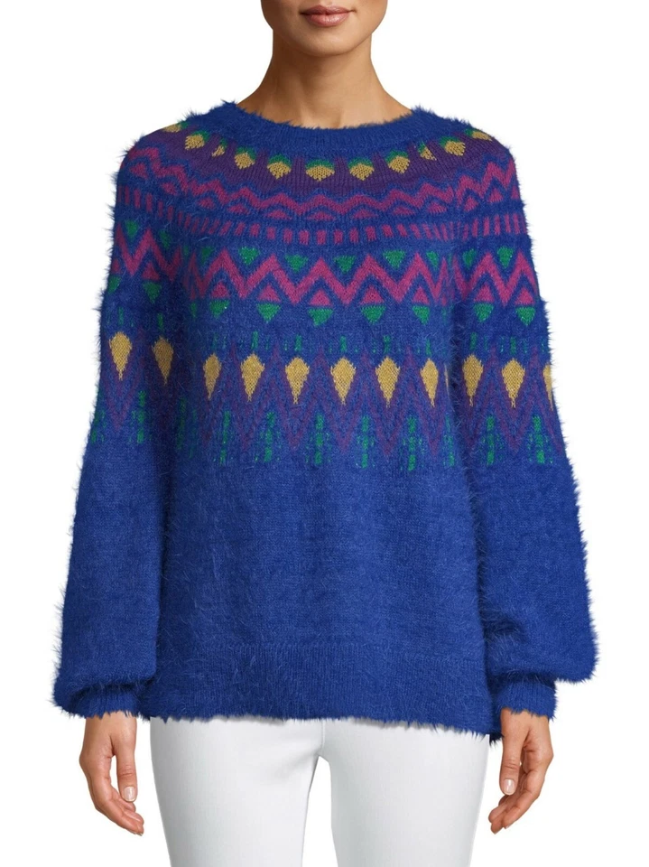 Time and Tru Women's Fair Isle Pullover Sweater Medium 8-10 Royal Spice Combo