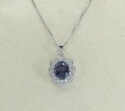 3Ct Oval Cut Lab Created Alexandrine Flower Pendant 14K White Gold Plated 18'' - Image 1 of 4