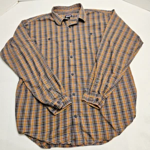 Patagonia Organic Cotton Blue Orange Yellow Plaid Flannel Men’s Size L Large - Picture 1 of 13