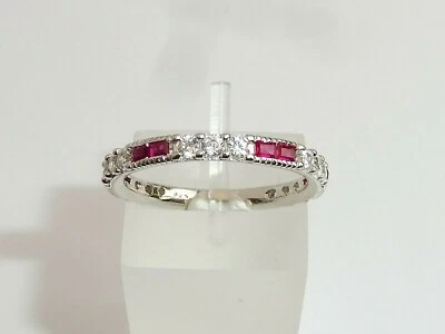 Ladies Art Deco Style 925 Sterling Silver White Sapphire Red Ruby Eternity Ring - Image 1 of 4