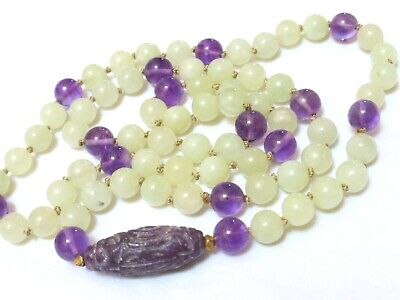 VINTAGE CHINESE JADE AMETHYST BEAD NECKLACE 28  LONG, No Clasp • 189.99$