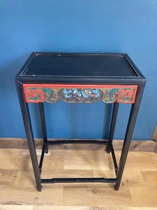 Vintage Asian Accent Table with Carved Painted Scene Red & Black Lacquer Finish - Picture 1 of 9