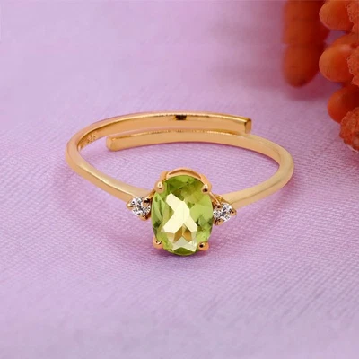 Natural Green Peridot & CZ Adjustable Engagement Ring 18k Yellow Gold Plated - Image 1 of 3