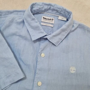 Timberland Shirt Mens S Blue 100% Linen Short Sleeve Casual Slim Fit Pocketless - Picture 1 of 12