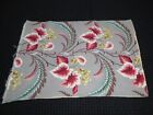 Vtg Cotton Barkcloth Pillow Cover Gray W/ Red Green Foliage Flowers 23x33" #1