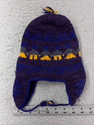 Gorro Boliviano Tejido a Mano Toque Adulto Talla Única Púrpura Azul Orejeras Ondas Lana Foto 1 de 4