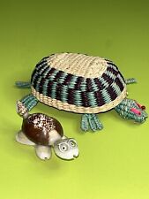 VTG Intricate RARE Turtle Trinket Basket Handmade  Rattan w/Shell Turtle Figure