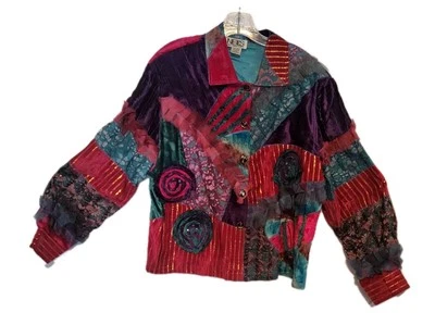 VTG FUN Custom Neil's Jacket XL Patchwork Velvet Lace Embroidery Beaded 1980's - Image 1 of 4