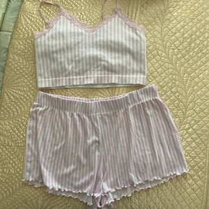 Pink/white Stripe Rib Shorts Secret Support Top Pyjama Set, Primark Size M - Picture 1 of 7