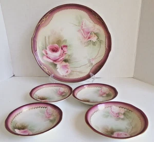 Antique Prussia Reinhild Schlegelmilch RS Pink Roses Large Plate & 4 Side Bouls - Picture 1 of 22