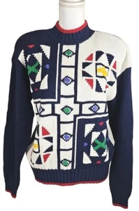 Vintage Lizwear ~Woman Size M~ Blue/White  Embroidered Sweater Colorful NWT. - Picture 1 of 12