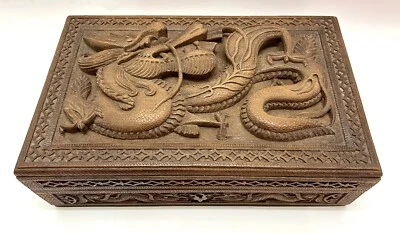 Vintage Chinese Hand Carved Hardwood Dragon Top Hinged Lid Box With Key - Image 1 of 4