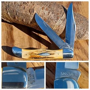 1977 CASE XX Blue Scroll Folding Hunter Knife STAG 5265 SAB SSP 3 Dot 2 Blade