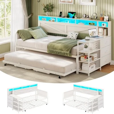 Cama de día doble con nido emergente granja marco de cama de día de madera con 3 cajones Foto 1 de 4