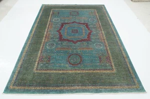 6x8 ft Blue Green Mamluk Afghan Hand Knotted Veg dyes Wool Medallion Rug - Picture 1 of 21