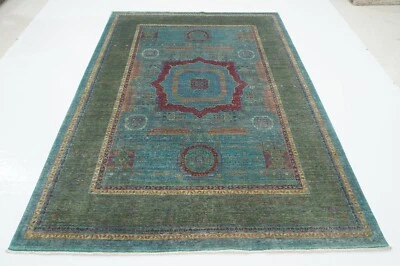 6x8 ft Blue Green Mamluk Afghan Hand Knotted Veg dyes Wool Medallion Rug - Image 1 of 4