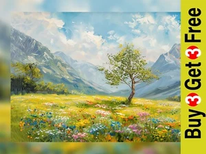 Idyllic Spring Valley 5"x7" Print on Matte Paper | Blooming Scenic Artwork - Picture 1 of 7