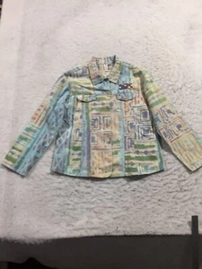 Winter Sun Jean Jacket Womens L Multi-Color Geometric Button Up Pockets Long - Picture 1 of 7