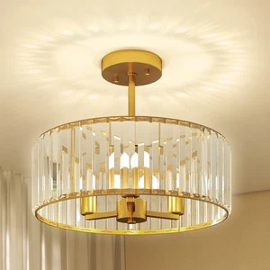HOMCOM Semi Flush Mount Modern Crystal Chandelier Ceiling Light, Gold Tone - Picture 1 of 11