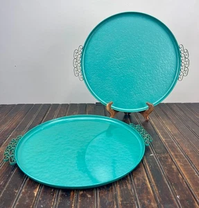 Kyes Pasadena Moiré Glaze Emerald Green Metal Trays — Set of 2, 14½" Dia - Picture 1 of 14