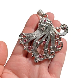 Large Silver Celestial Star Angel Pendant W/ Pink Rhinestone Gift For Bestie - Picture 1 of 9